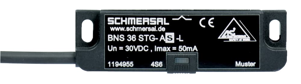 Schmersal BNS 36 STG-AS-R AS interface safety at work; Safety switchgear; 2 m Pre-wired cable with connector M12, straight, 4-pole; Safety sensor; Thermoplastic enclosure; no mechanical wear; 88 mm x 25 mm x 13 mm; Integrated AS-Interface; Concealed mounting possible; Long life; I Schmersal BNS 36 STG-AS-R AS interface safety at work; Safety switchgear; 2 m Pre-wired cable with connector M12, straight, 4-pole; Safety sensor; Thermoplastic enclosure; no mechanical wear; 88 mm x 25 mm x 13 mm; Integrated AS-Interface; Concealed mounting possible; Long life; I