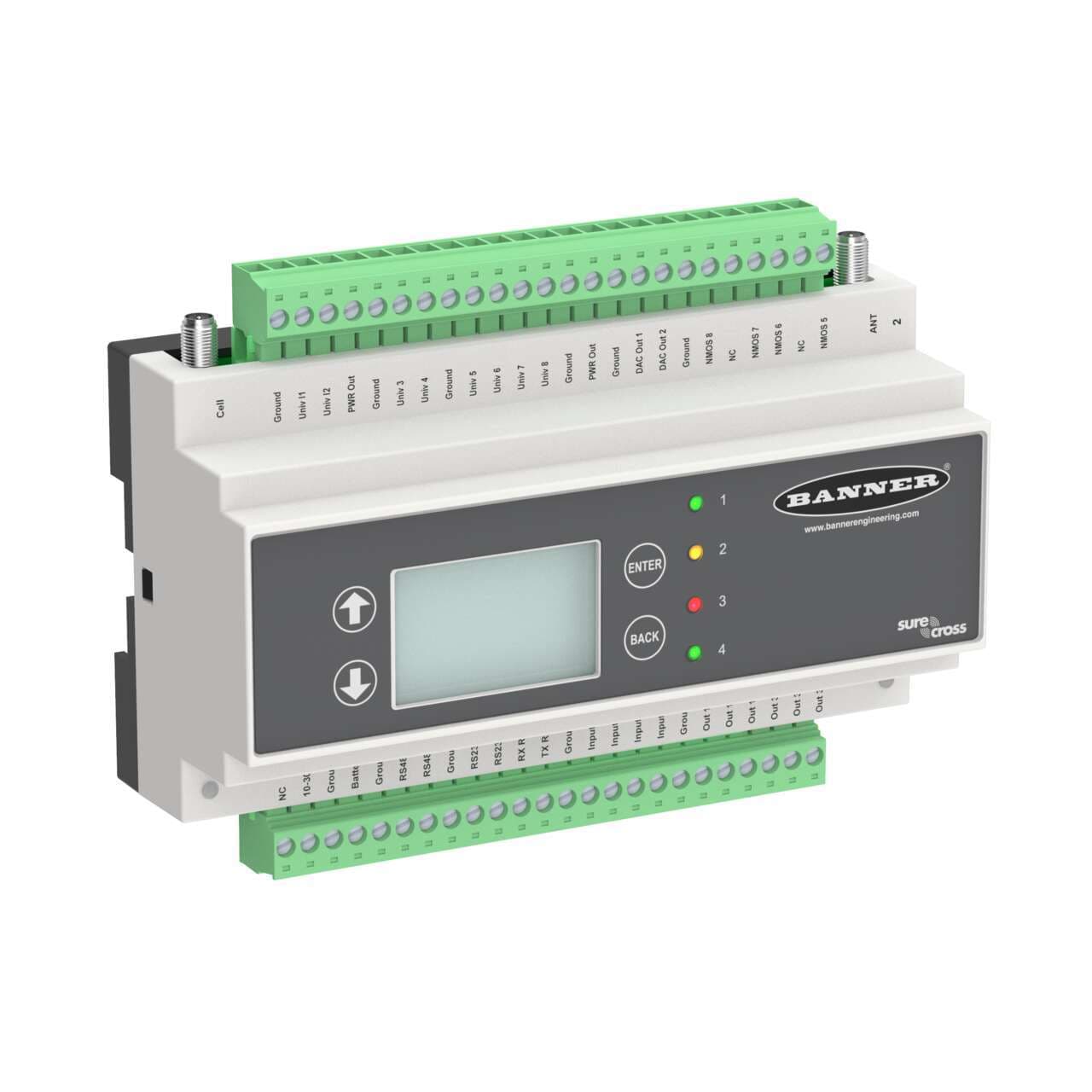 Banner DXM150-B2R2 DXM150 Controller; Multihop Radio 900 MHz 1 W; Inputs: 2 Discrete, 8 Universal; Outputs: 8 Discrete, 2 Analog; SAM4 Processor, LCD Display; RS485, Ethernet, USB, Solar/Battery Controller Banner DXM150-B2R2 DXM150 Controller; Multihop Radio 900 MHz 1 W; Inputs: 2 Discrete, 8 Universal; Outputs: 8 Discrete, 2 Analog; SAM4 Processor, LCD Display; RS485, Ethernet, USB, Solar/Battery Controller