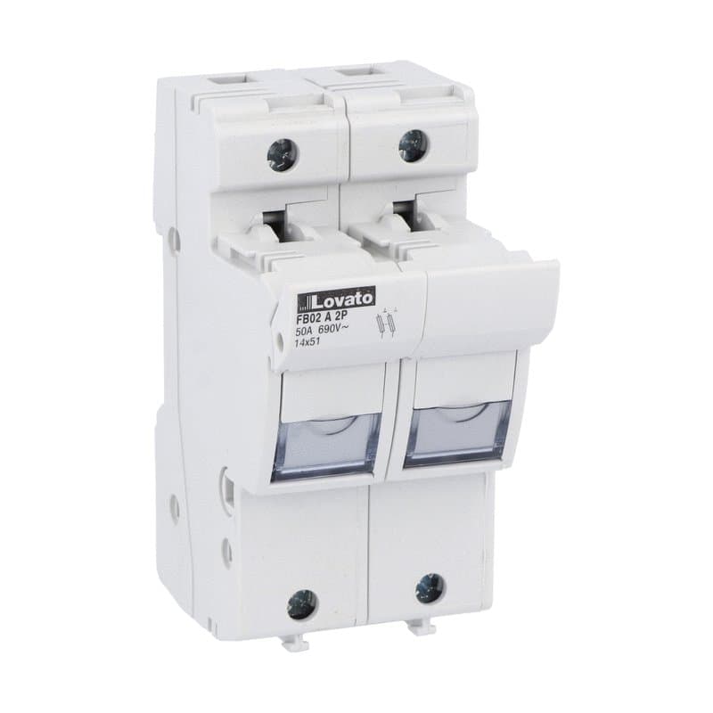 Lovato Electric FB02A2P FB02A2P Lovato - Fuse holder UL recognized and CSA certified, for 14X51mm fuses. 50A rated current at 690VAC, 2P. Without status indicator. 2 modules Lovato Electric FB02A2P FB02A2P Lovato - Fuse holder UL recognized and CSA certified, for 14X51mm fuses. 50A rated current at 690VAC, 2P. Without status indicator. 2 modules