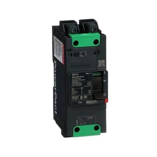 Schneider Electric BGL26015LU Square D by Schneider Electric BGL26015LU is a Moulded Case Circuit Breaker (MCCB) within the PowerPacT BGL sub-range, featuring a PowerPact B-Frame 100 TMD 2P 15A 600Y/347Vac 18kA design. It includes Everlink (Creep compensating) lugs on both line and load sides and a Control Wire terminal (CWT) on the line side only. This MCCB offers a degree of protection of IP40 and has a rated current of 15A with a rated voltage (AC) of 600Vac 600Y/347Vac. It is designed for 20000 operations in terms of mechanical durability at no load and can be mounted either on a DIN rail or as an individual unit on a plate. The device has 2 poles (2P), with dimensions of 137 mm in height, 80 mm in depth, and 54 mm in width. It falls under utilisation category A and features protection settings including over-current fixed at 15A, short-circuit hold current fixed at 400A, and short-circuit trip current fixed at 600A. The rated voltage (DC) is 250Vdc, with a rated insulation voltage (Ui) of 800 V and a rated operating voltage (Ue) of 525 V. Its protection functions include thermal protection for overload and magnetic protection for short-circuit, with a trip current rating of 15 AT. The electrical durability with load is rated for 10000 operations at 440Vac; In, and the frame current rating is 100 AF. The operating mode is manual toggle, and it has a short circuit breaking rating of 65kA at 240Vac, 35kA at 480Vac, 35kA at 480Y/277Vac, 18kA at 600Y/347Vac, and 20kA at 250Vdc, all according to UL489 standards. The trip unit type is thermal-magnetic (fixed) with no display. Schneider Electric BGL26015LU Square D by Schneider Electric BGL26015LU is a Moulded Case Circuit Breaker (MCCB) within the PowerPacT BGL sub-range, featuring a PowerPact B-Frame 100 TMD 2P 15A 600Y/347Vac 18kA design. It includes Everlink (Creep compensating) lugs on both line and load sides and a Control Wire terminal (CWT) on the line side only. This MCCB offers a degree of protection of IP40 and has a rated current of 15A with a rated voltage (AC) of 600Vac 600Y/347Vac. It is designed for 20000 operations in terms of mechanical durability at no load and can be mounted either on a DIN rail or as an individual unit on a plate. The device has 2 poles (2P), with dimensions of 137 mm in height, 80 mm in depth, and 54 mm in width. It falls under utilisation category A and features protection settings including over-current fixed at 15A, short-circuit hold current fixed at 400A, and short-circuit trip current fixed at 600A. The rated voltage (DC) is 250Vdc, with a rated insulation voltage (Ui) of 800 V and a rated operating voltage (Ue) of 525 V. Its protection functions include thermal protection for overload and magnetic protection for short-circuit, with a trip current rating of 15 AT. The electrical durability with load is rated for 10000 operations at 440Vac; In, and the frame current rating is 100 AF. The operating mode is manual toggle, and it has a short circuit breaking rating of 65kA at 240Vac, 35kA at 480Vac, 35kA at 480Y/277Vac, 18kA at 600Y/347Vac, and 20kA at 250Vdc, all according to UL489 standards. The trip unit type is thermal-magnetic (fixed) with no display.