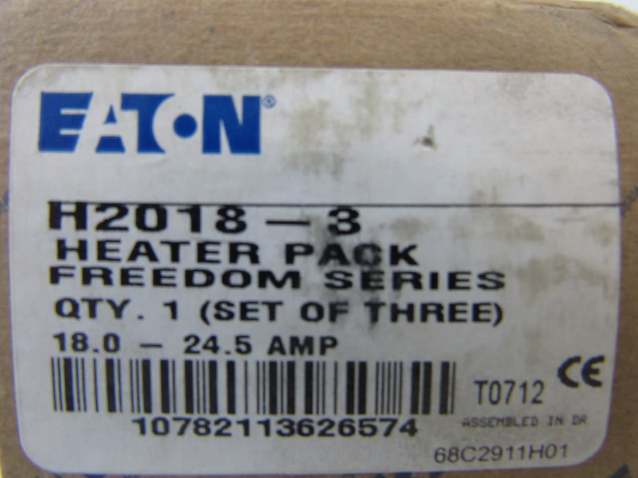 Eaton H2018-3 H2018-3 Eaton - Freedom Standard Trip Heater Pack, Standard Trip, Class 20 , NEMA, IEC , full load range 18A 20.2A 22.3A 24.5A Dial positions A B C D respectively, overload relay 105 or 144A Eaton H2018-3 H2018-3 Eaton - Freedom Standard Trip Heater Pack, Standard Trip, Class 20 , NEMA, IEC , full load range 18A 20.2A 22.3A 24.5A Dial positions A B C D respectively, overload relay 105 or 144A