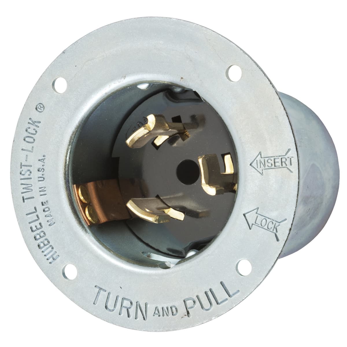 Hubbell CS8175 Locking Devices, Twist-Lock®, Industrial, Flanged Inlet, 50A 3-Phase Delta 480V AC, 3-Pole 4-Wire Grounding, Non- NEMA, Screw Terminal, Black ; Metallic flanged casing provides maximum strength and protection ; Thermoset interior provides superior heat r Hubbell CS8175 Locking Devices, Twist-Lock®, Industrial, Flanged Inlet, 50A 3-Phase Delta 480V AC, 3-Pole 4-Wire Grounding, Non- NEMA, Screw Terminal, Black ; Metallic flanged casing provides maximum strength and protection ; Thermoset interior provides superior heat r