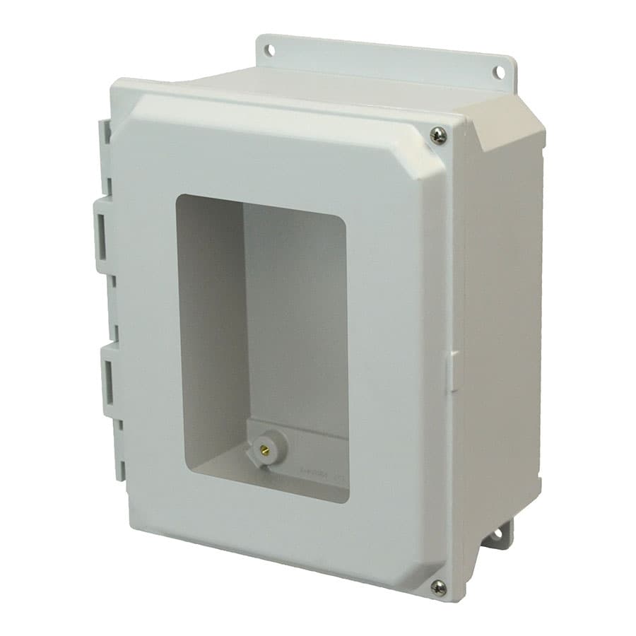 Allied Moulded Products AMU1084HWF 10"x8"x4" ULTRALINE® fiberglass wall mount enclosure assembly with 2-screw hinged window cover Allied Moulded Products AMU1084HWF 10"x8"x4" ULTRALINE® fiberglass wall mount enclosure assembly with 2-screw hinged window cover