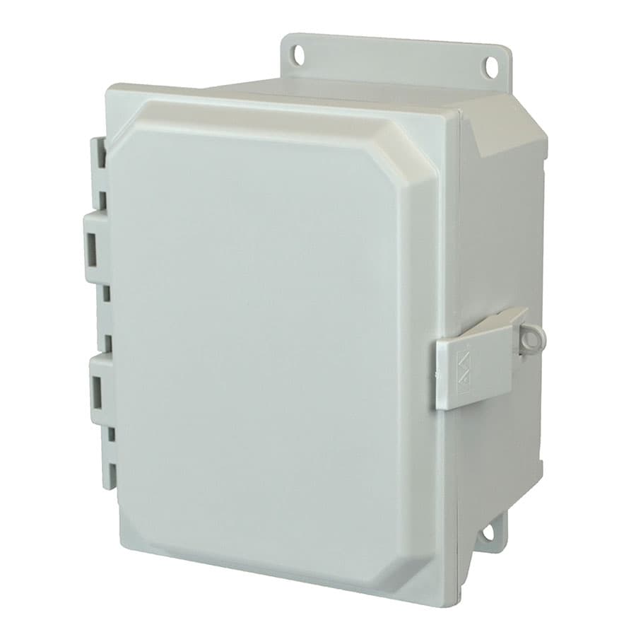 Allied Moulded Products AMU1084NLF 10"x8"x4" ULTRALINE® fiberglass wall mount enclosure assembly with hinged cover and nonmetal snap latch Allied Moulded Products AMU1084NLF 10"x8"x4" ULTRALINE® fiberglass wall mount enclosure assembly with hinged cover and nonmetal snap latch