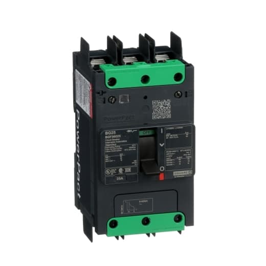 Schneider Electric BGF36025 Square D by Schneider Electric BGF36025 is a Moulded Case Circuit Breaker (MCCB) within the PowerPacT BGF sub-range, featuring a PowerPact B-Frame 100 TMD 3P-3t design with a rated current of 25A and a rated voltage of 600Vac 600Y/347Vac. It has a rated impulse voltage (Uimp) of 8 kV and offers a connection via Term. nut kit for fixed busbar connection on both line and load sides. The degree of protection is IP40, and it is designed for mounting either fixed on DIN rail or as an individual unit mount on plate. This 3-pole (3P) circuit breaker has a net height of 137 mm, a net depth of 80 mm, and a net width of 81 mm. It falls under utilisation category A and features protection settings including over-current fixed at 25A, short-circuit hold current fixed at 400A, and short-circuit trip current fixed at 600A. The rated insulation voltage (Ui) is 800 V, with a rated operating voltage (Ue) of 525 V, and it provides thermal and magnetic protection functions. The trip current rating is 25 AT, and it has a frame current rating of 100 AF. The operating mode is manual toggle, and it has a short circuit breaking rating of 65kA at 240Vac, 35kA at 480Vac and 480Y/277Vac, 18kA at 600Y/347Vac according to UL489, and 20kA at 250Vdc. The trip unit type is thermal-magnetic (fixed) with no display. Schneider Electric BGF36025 Square D by Schneider Electric BGF36025 is a Moulded Case Circuit Breaker (MCCB) within the PowerPacT BGF sub-range, featuring a PowerPact B-Frame 100 TMD 3P-3t design with a rated current of 25A and a rated voltage of 600Vac 600Y/347Vac. It has a rated impulse voltage (Uimp) of 8 kV and offers a connection via Term. nut kit for fixed busbar connection on both line and load sides. The degree of protection is IP40, and it is designed for mounting either fixed on DIN rail or as an individual unit mount on plate. This 3-pole (3P) circuit breaker has a net height of 137 mm, a net depth of 80 mm, and a net width of 81 mm. It falls under utilisation category A and features protection settings including over-current fixed at 25A, short-circuit hold current fixed at 400A, and short-circuit trip current fixed at 600A. The rated insulation voltage (Ui) is 800 V, with a rated operating voltage (Ue) of 525 V, and it provides thermal and magnetic protection functions. The trip current rating is 25 AT, and it has a frame current rating of 100 AF. The operating mode is manual toggle, and it has a short circuit breaking rating of 65kA at 240Vac, 35kA at 480Vac and 480Y/277Vac, 18kA at 600Y/347Vac according to UL489, and 20kA at 250Vdc. The trip unit type is thermal-magnetic (fixed) with no display.