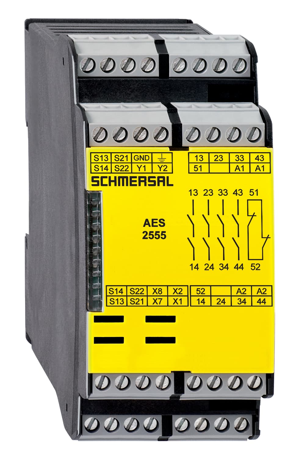 Schmersal AES 2555 UE: 24...230V AC/DC Safe signal processing; Monitoring of BNS range magnetic safety sensors; 4 safety contacts, STOP 0; 2 Signalling outputs Schmersal AES 2555 UE: 24...230V AC/DC Safe signal processing; Monitoring of BNS range magnetic safety sensors; 4 safety contacts, STOP 0; 2 Signalling outputs