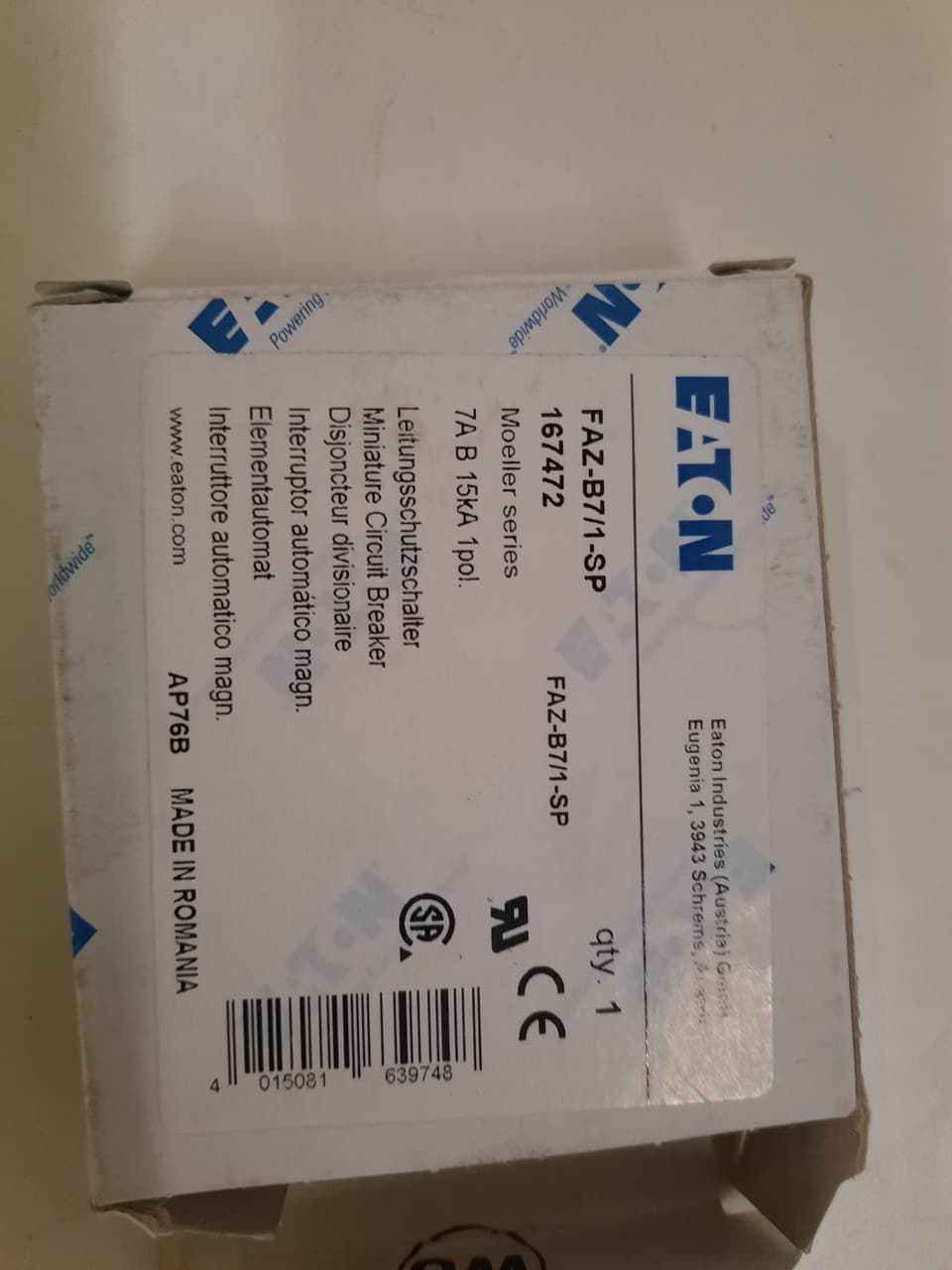 Eaton FAZ-B7/1-SP Eaton FAZ supplementary protector,UL 1077 Industrial miniature circuit breaker-supplementary protector,Single package,Low levels of inrush current are expected,7 A,15 kAIC,Single-pole,240/415 V,3-5X/n,Q38,50-60 Hz,Standard terminals,B Curve Eaton FAZ-B7/1-SP Eaton FAZ supplementary protector,UL 1077 Industrial miniature circuit breaker-supplementary protector,Single package,Low levels of inrush current are expected,7 A,15 kAIC,Single-pole,240/415 V,3-5X/n,Q38,50-60 Hz,Standard terminals,B Curve