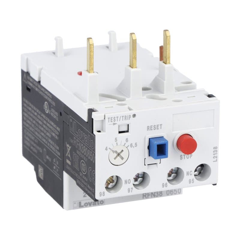 Lovato Electric RFN380650 RFN380650 Lovato - Motor protection relay, non phase failure/non single-phase sensitive. Three-pole (three-phase), manual or automatic resetting. Direct mounting on BF09 - BF38 contactors, 4...6.5A Lovato Electric RFN380650 RFN380650 Lovato - Motor protection relay, non phase failure/non single-phase sensitive. Three-pole (three-phase), manual or automatic resetting. Direct mounting on BF09 - BF38 contactors, 4...6.5A