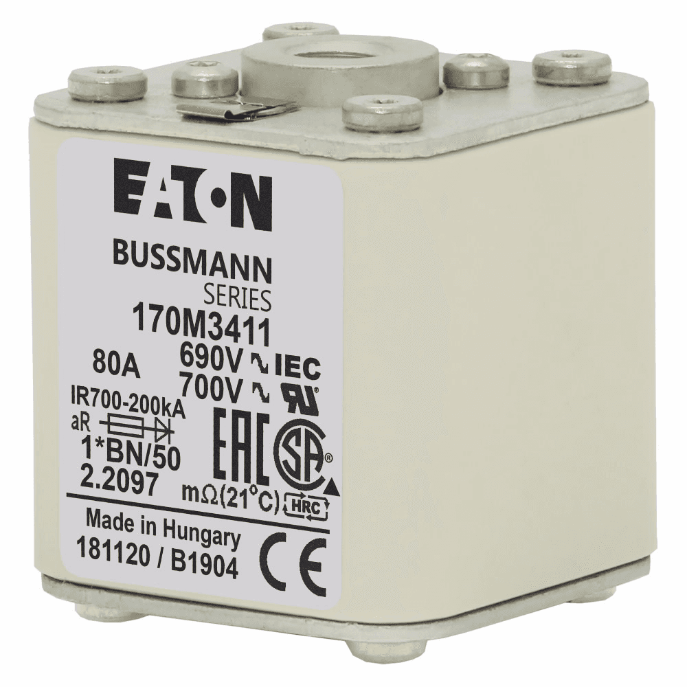 Cooper Bussmann 170M3411 170M3411 Cooper Bussmann - Fuse-link, high speed, 80 A, AC 690 V, compact size 1, 45 x 59 x 51 mm, aR, IEC, UL, single indicator, flush end, M8 Cooper Bussmann 170M3411 170M3411 Cooper Bussmann - Fuse-link, high speed, 80 A, AC 690 V, compact size 1, 45 x 59 x 51 mm, aR, IEC, UL, single indicator, flush end, M8