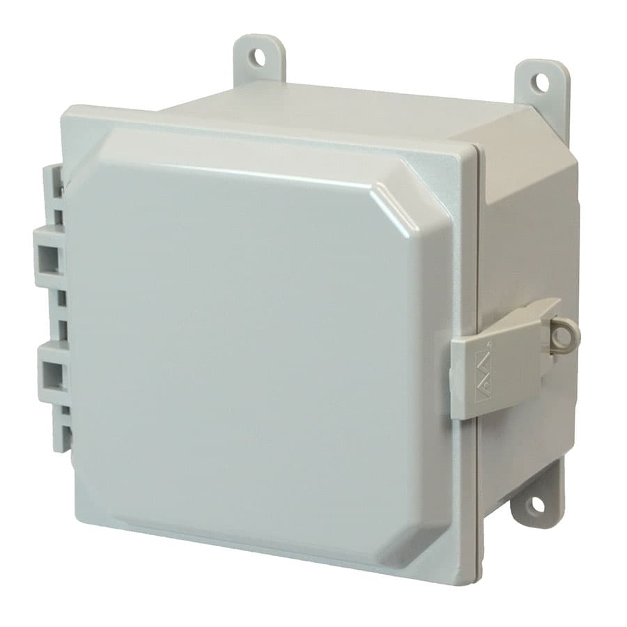 Allied Moulded Products AMP664NL 6"x6"x4" POLYLINE® polycarbonate wall mount enclosure assembly with hinged cover and nonmetal snap latch Allied Moulded Products AMP664NL 6"x6"x4" POLYLINE® polycarbonate wall mount enclosure assembly with hinged cover and nonmetal snap latch