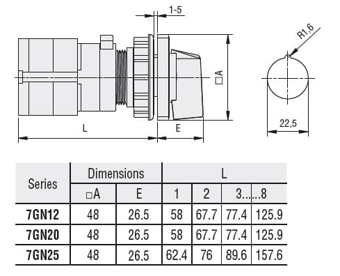 Lovato Electric 7GN2593U47 7GN2593U47 Lovato - Rotary cam switch 7GN series, multi-step 1-2-3, 3 poles 25A, for snap on front mounting with black handle for hole dia: 22mm fixing, front plate 48X48mm Lovato Electric 7GN2593U47 7GN2593U47 Lovato - Rotary cam switch 7GN series, multi-step 1-2-3, 3 poles 25A, for snap on front mounting with black handle for hole dia: 22mm fixing, front plate 48X48mm