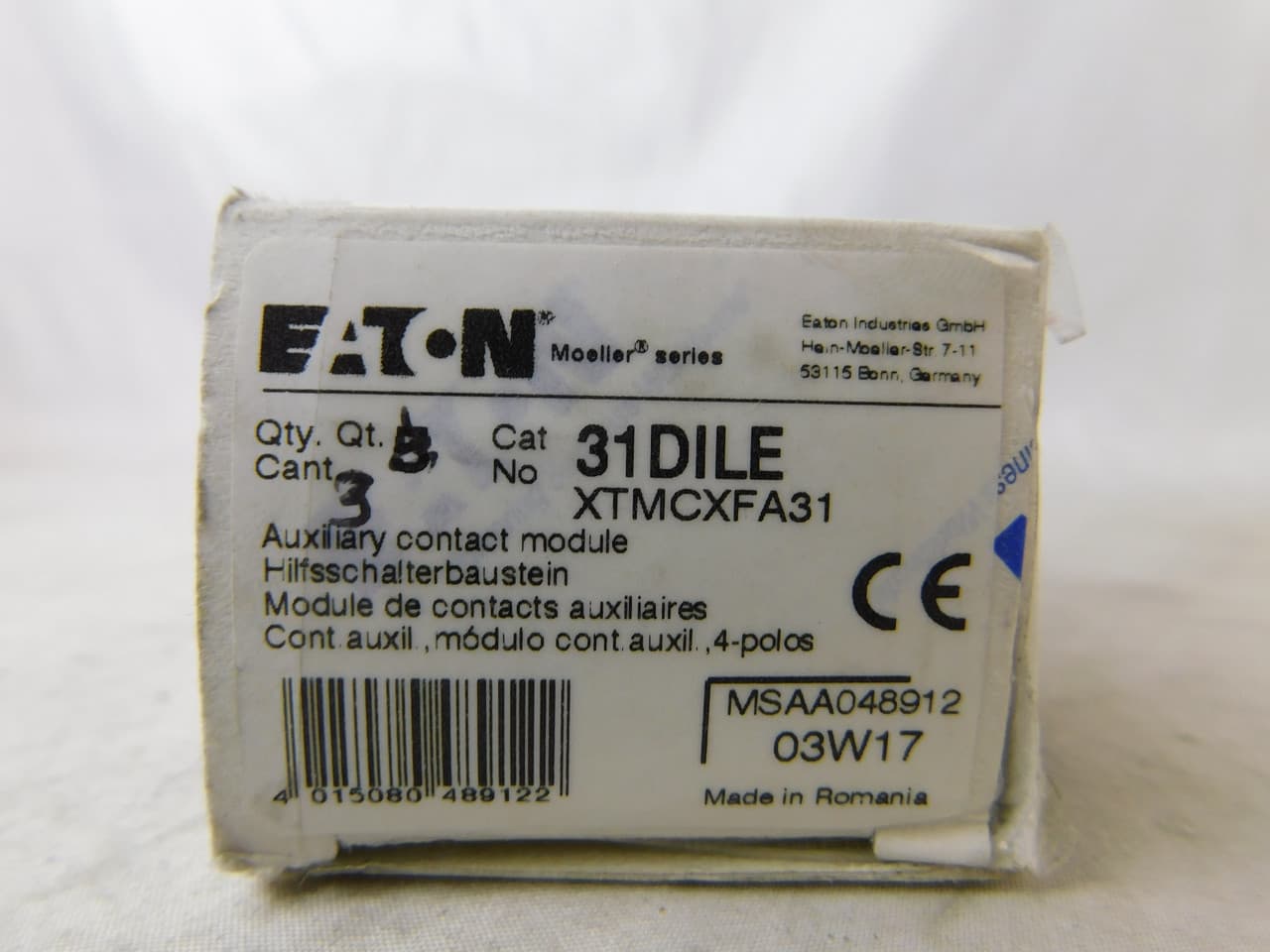 Eaton XTMCXFA31 XTMCXFA31 Eaton - Miniature Contactor Accessory - Auxiliary Contact, Four-pole, Screw terminals, 3NO-1NC contact configuration, 10A conventional thermal rating, Front mounting, used with XTRM miniature control relays Eaton XTMCXFA31 XTMCXFA31 Eaton - Miniature Contactor Accessory - Auxiliary Contact, Four-pole, Screw terminals, 3NO-1NC contact configuration, 10A conventional thermal rating, Front mounting, used with XTRM miniature control relays