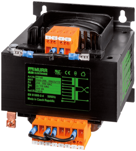 Murr Elektronik 86143 86143 Murrelektronik - MTS 1-PHASE CONTROL AND ISOLATION TRANSFORMER, P: 100VA IN: 208...550VAC OUT: 2x115VAC, For screw and DIN-rail mounting Murr Elektronik 86143 86143 Murrelektronik - MTS 1-PHASE CONTROL AND ISOLATION TRANSFORMER, P: 100VA IN: 208...550VAC OUT: 2x115VAC, For screw and DIN-rail mounting