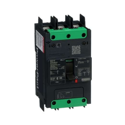 Schneider Electric BGF36015 Square D by Schneider Electric BGF36015 is a Moulded Case Circuit Breaker (MCCB) within the PowerPacT BGF sub-range, featuring a PowerPact B-Frame 100 TMD 3P-3t design. It has a rated current of 15A and operates at a rated voltage of 600Vac 600Y/347Vac, with a rated impulse voltage (Uimp) of 8 kV. This MCCB offers a connection via a terminal nut kit for fixed busbar connections on both line and load sides and provides a degree of protection of IP40. It is designed for mounting either fixed on a DIN rail or as an individual unit mounted on a plate, with dimensions of 137 mm in height, 80 mm in depth, and 81 mm in width. The BGF36015 has three poles (3P) and falls under utilisation category A. It features over-current protection fixed at 15A, short-circuit hold current fixed at 400A, and short-circuit trip current fixed at 600A. The rated insulation voltage (Ui) is 800 V, with a rated operating voltage (Ue) of 525 V, and it includes thermal protection for overload and magnetic protection for short-circuits. The trip current rating is 15 AT, and it has a frame current rating of 100 AF. The operating mode is manual toggle, and it has a short circuit breaking rating of 65kA at 240Vac, 35kA at 480Vac and 480Y/277Vac, and 18kA at 600Y/347Vac according to UL489 standards. The trip unit type is thermal-magnetic (fixed) without a display. Schneider Electric BGF36015 Square D by Schneider Electric BGF36015 is a Moulded Case Circuit Breaker (MCCB) within the PowerPacT BGF sub-range, featuring a PowerPact B-Frame 100 TMD 3P-3t design. It has a rated current of 15A and operates at a rated voltage of 600Vac 600Y/347Vac, with a rated impulse voltage (Uimp) of 8 kV. This MCCB offers a connection via a terminal nut kit for fixed busbar connections on both line and load sides and provides a degree of protection of IP40. It is designed for mounting either fixed on a DIN rail or as an individual unit mounted on a plate, with dimensions of 137 mm in height, 80 mm in depth, and 81 mm in width. The BGF36015 has three poles (3P) and falls under utilisation category A. It features over-current protection fixed at 15A, short-circuit hold current fixed at 400A, and short-circuit trip current fixed at 600A. The rated insulation voltage (Ui) is 800 V, with a rated operating voltage (Ue) of 525 V, and it includes thermal protection for overload and magnetic protection for short-circuits. The trip current rating is 15 AT, and it has a frame current rating of 100 AF. The operating mode is manual toggle, and it has a short circuit breaking rating of 65kA at 240Vac, 35kA at 480Vac and 480Y/277Vac, and 18kA at 600Y/347Vac according to UL489 standards. The trip unit type is thermal-magnetic (fixed) without a display.