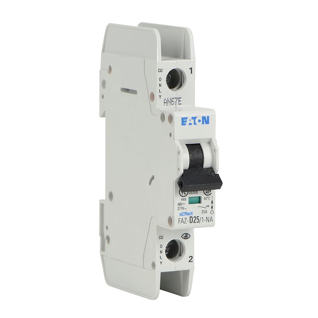 Eaton FAZ-D25/1-NA-SP Eaton FAZ branch protector,UL 489 Industrial miniature circuit breaker - supplementary protector,Single package,High levels of inrush current are expected,25 A,10 kAIC,Single-pole,277 V,10-20X /n,Q38,50-60 Hz,Screw terminals,D Curve Eaton FAZ-D25/1-NA-SP Eaton FAZ branch protector,UL 489 Industrial miniature circuit breaker - supplementary protector,Single package,High levels of inrush current are expected,25 A,10 kAIC,Single-pole,277 V,10-20X /n,Q38,50-60 Hz,Screw terminals,D Curve