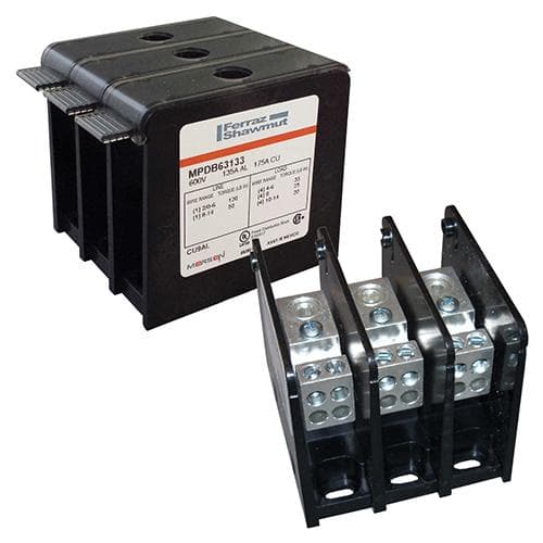 Mersen MPDB66233 MPDB66233 Mersen Open-Style PDB UL 1953 1000V Tin-plated Copper - 400A 3-Pole 1 - 2 openings; 3/8-16 x 1-1/8 --- 1/4-20 x 1-1/8 Stud to Stud Mersen MPDB66233 MPDB66233 Mersen Open-Style PDB UL 1953 1000V Tin-plated Copper - 400A 3-Pole 1 - 2 openings; 3/8-16 x 1-1/8 --- 1/4-20 x 1-1/8 Stud to Stud
