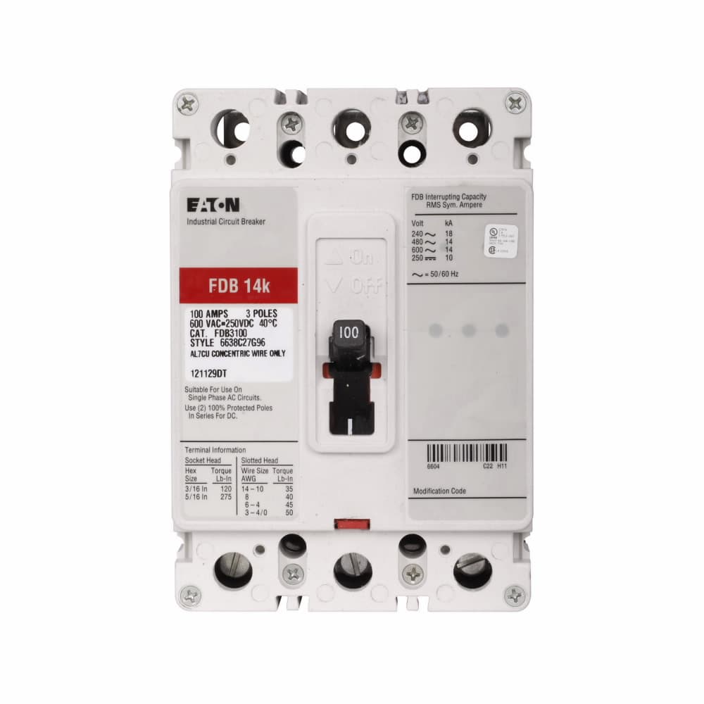 Eaton FDB3060 Eaton Series C complete molded case circuit breaker, F-frame, FDB, Complete breaker, Fixed thermal, fixed magnetic trip type, Three-pole, 60A, 600 Vac, 250 Vdc, 18 kAIC at 240 Vac, 14 kAIC at 480 Vac, Load side, 50/60 Hz Eaton FDB3060 Eaton Series C complete molded case circuit breaker, F-frame, FDB, Complete breaker, Fixed thermal, fixed magnetic trip type, Three-pole, 60A, 600 Vac, 250 Vdc, 18 kAIC at 240 Vac, 14 kAIC at 480 Vac, Load side, 50/60 Hz