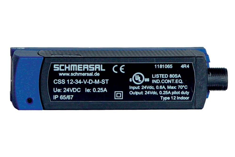 Schmersal CSS 14-34-S-SD-M-ST Safety sensors; Electronic safety sensors; 1 x connector plug M12, 8-pole; Actuation from side; serial diagnostic output; Max. 31 sensors can be wired in series.; Thermoplastic enclosure; Electronic contact-free, coded system; Misaligned actuation possibl Schmersal CSS 14-34-S-SD-M-ST Safety sensors; Electronic safety sensors; 1 x connector plug M12, 8-pole; Actuation from side; serial diagnostic output; Max. 31 sensors can be wired in series.; Thermoplastic enclosure; Electronic contact-free, coded system; Misaligned actuation possibl