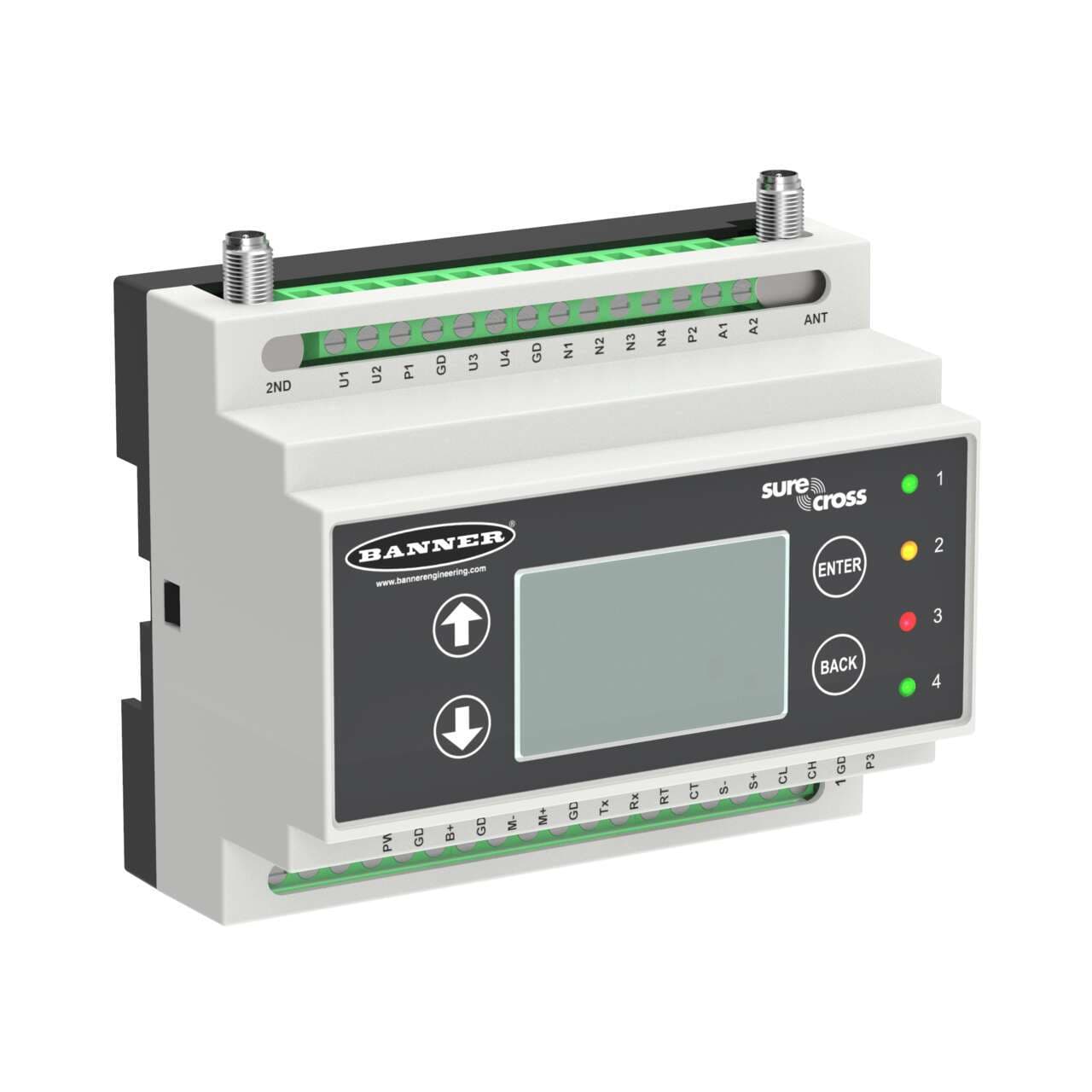 Banner DXM1000-B1 DXM1000 Controller; I/O Base Board Only; Inputs: 4 Universal; Outputs: 4 NMOS Discrete, 2 Selectable Analog, 2 Switched Power, 1 Courtesy Power; M7 Processor, 16MB Memory, LCD Display; RS485, Ethernet, USB, CAN, RS232, Solar/Battery Controller Banner DXM1000-B1 DXM1000 Controller; I/O Base Board Only; Inputs: 4 Universal; Outputs: 4 NMOS Discrete, 2 Selectable Analog, 2 Switched Power, 1 Courtesy Power; M7 Processor, 16MB Memory, LCD Display; RS485, Ethernet, USB, CAN, RS232, Solar/Battery Controller