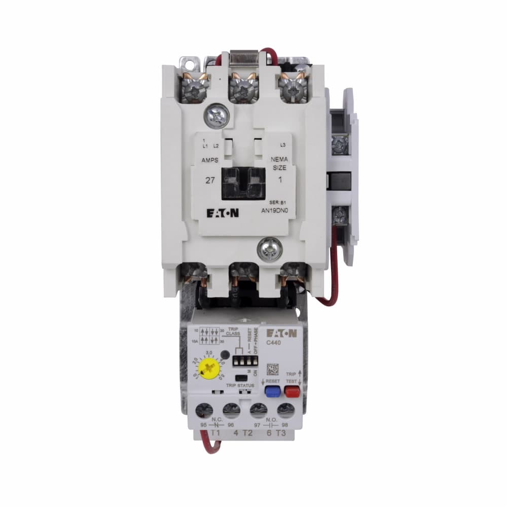 Eaton AN19DN0A5E005 AN19DN0A5E005 Eaton - Eaton Freedom NEMA motor control starter,NEMA Non-reversing Freedom Series starter,With C440 EOLR Std Feature set,SEL Reset,SEL Class (10A,10,20,30),120V/60 Hz or 110V/50 Hz coil voltage,Horizontal mount,27A,1-5A fla range,Size 1 Eaton AN19DN0A5E005 AN19DN0A5E005 Eaton - Eaton Freedom NEMA motor control starter,NEMA Non-reversing Freedom Series starter,With C440 EOLR Std Feature set,SEL Reset,SEL Class (10A,10,20,30),120V/60 Hz or 110V/50 Hz coil voltage,Horizontal mount,27A,1-5A fla range,Size 1