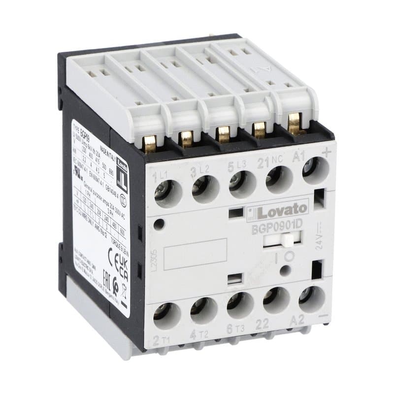Lovato Electric 11BGP0901D110 11BGP0901D110 Lovato - Three-pole contactor, IEC operating current Ie (AC3) = 9A, DC coil, 110VDC, 1NC auxiliary contact, rear PCB solder pin Lovato Electric 11BGP0901D110 11BGP0901D110 Lovato - Three-pole contactor, IEC operating current Ie (AC3) = 9A, DC coil, 110VDC, 1NC auxiliary contact, rear PCB solder pin
