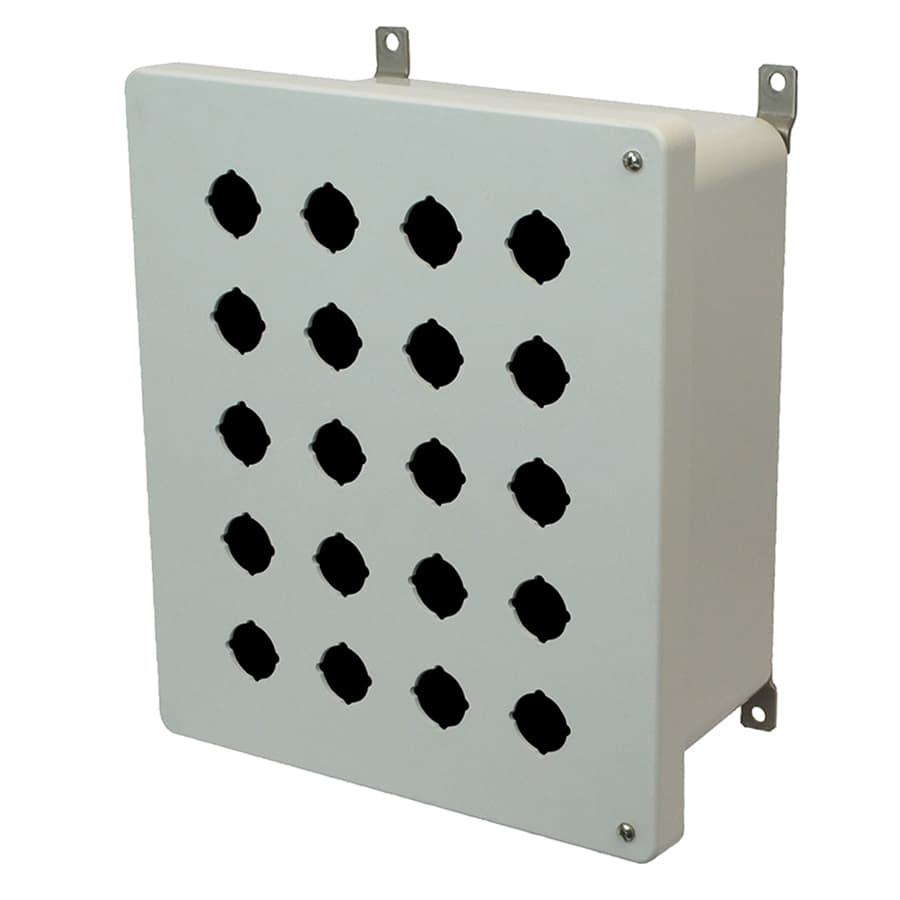 Allied Moulded Products AM1206HP20 12"x10"x6" AM Series fiberglass wall mount enclosure assembly with 2-screw hinged cover and 20 pushbutton holes Allied Moulded Products AM1206HP20 12"x10"x6" AM Series fiberglass wall mount enclosure assembly with 2-screw hinged cover and 20 pushbutton holes