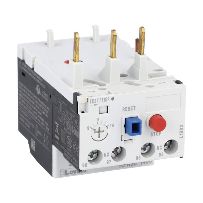 Lovato Electric RFN381400 RFN381400 Lovato - Motor protection relay, non phase failure/non single-phase sensitive. Three-pole (three-phase), manual or automatic resetting. Direct mounting on BF09 - BF38 contactors, 9...14A Lovato Electric RFN381400 RFN381400 Lovato - Motor protection relay, non phase failure/non single-phase sensitive. Three-pole (three-phase), manual or automatic resetting. Direct mounting on BF09 - BF38 contactors, 9...14A