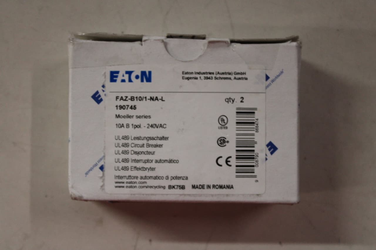 Eaton FAZ-B10/1-NA-L Miniature circuir breaker, 1 pole, 10 A, B trip curve, 240 VAC, screw terminals, UL489 Eaton FAZ-B10/1-NA-L Miniature circuir breaker, 1 pole, 10 A, B trip curve, 240 VAC, screw terminals, UL489