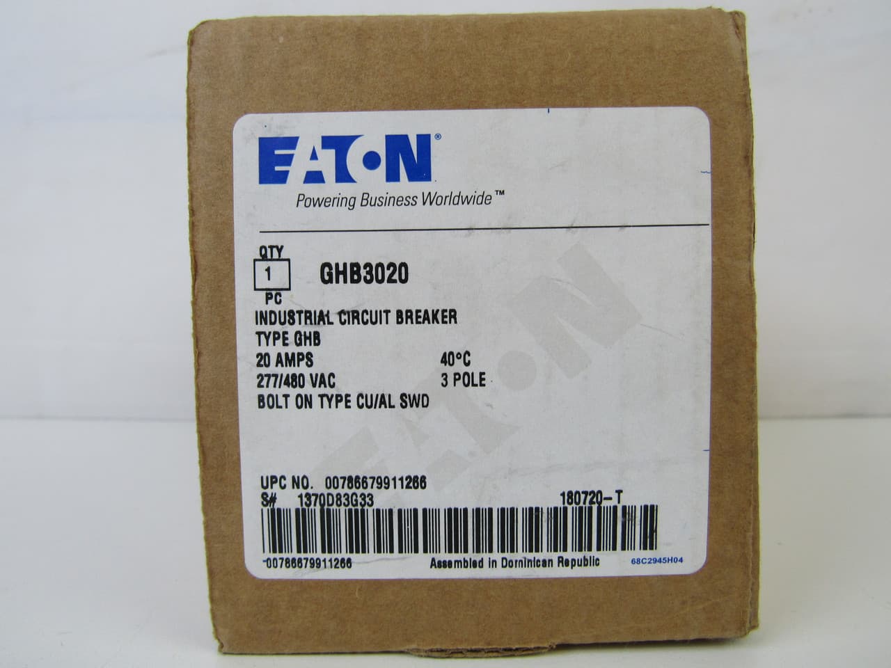Eaton GHB3020 GHB3020 Eaton - Eaton Series C complete molded case circuit breaker, G-frame, GHB, Complete breaker, Fixed thermal, Fixed magnetic trip type, Three-pole, 20 A, 480Y/277 Vac, 125/250 Vdc, 50/60 Hz Eaton GHB3020 GHB3020 Eaton - Eaton Series C complete molded case circuit breaker, G-frame, GHB, Complete breaker, Fixed thermal, Fixed magnetic trip type, Three-pole, 20 A, 480Y/277 Vac, 125/250 Vdc, 50/60 Hz