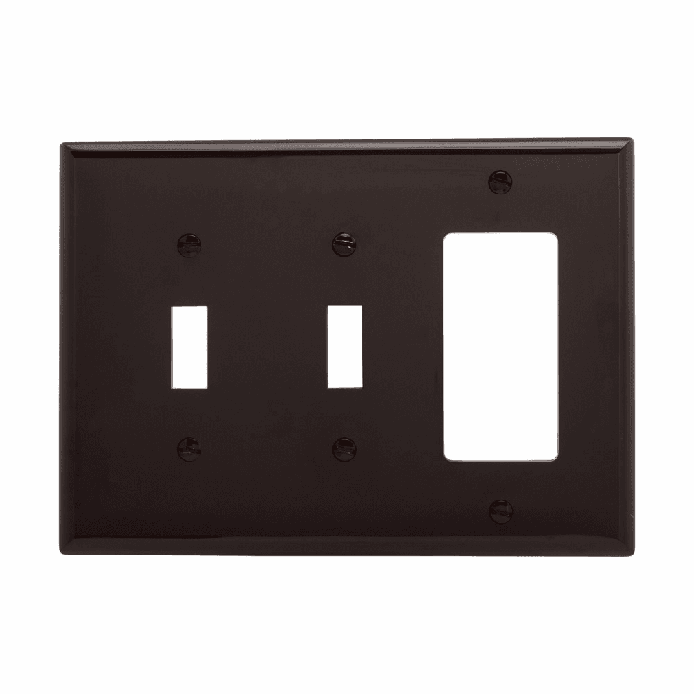 Eaton PJ226B PJ226B Eaton - Eaton Combination wallplate, Brown, Toggle, Toggle, Decorator Cutout, Polycarbonate, Three- gang, Mid-size Eaton PJ226B PJ226B Eaton - Eaton Combination wallplate, Brown, Toggle, Toggle, Decorator Cutout, Polycarbonate, Three- gang, Mid-size
