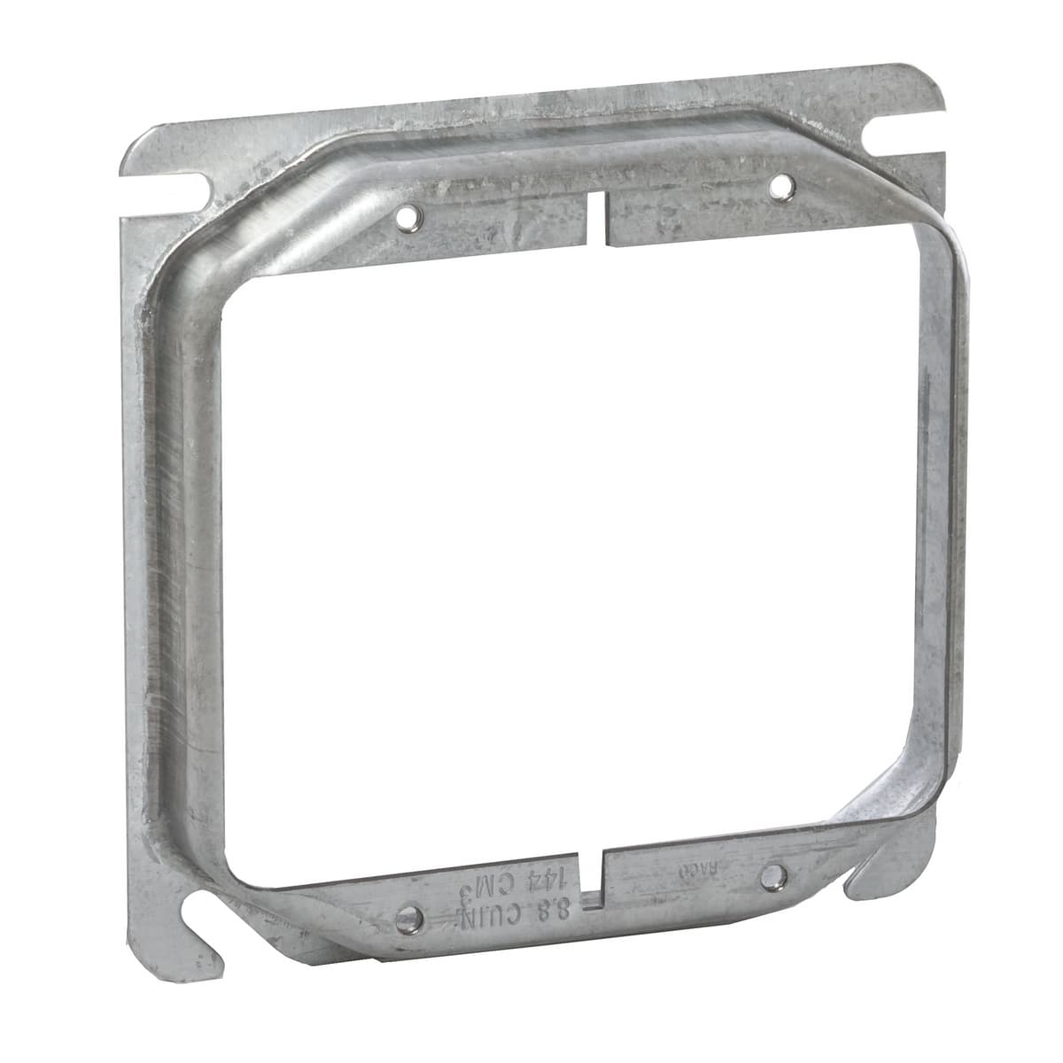 Hubbell 8779 4 in. Square Cover, 2-Device, 3/4 in. Raised ; Angled mounting slots compensate up to 12 degrees for box misalignment ; Hubbell 8779 4 in. Square Cover, 2-Device, 3/4 in. Raised ; Angled mounting slots compensate up to 12 degrees for box misalignment ;
