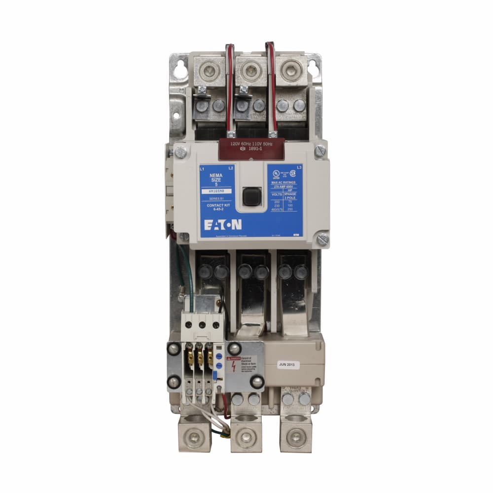 Eaton AN16SN0AB AN16SN0AB Eaton - Eaton Freedom NEMA motor control starter, NEMA Freedom Series Non-Reversing Reset Overload Relay Starter, 75 hp at 208V, 100 hp at 240V, 200 hp at 480,600V maximum horsepower, 120V/60 Hz or 110V/50 Hz coil voltage, 270A, Three-pole, Size 5 Eaton AN16SN0AB AN16SN0AB Eaton - Eaton Freedom NEMA motor control starter, NEMA Freedom Series Non-Reversing Reset Overload Relay Starter, 75 hp at 208V, 100 hp at 240V, 200 hp at 480,600V maximum horsepower, 120V/60 Hz or 110V/50 Hz coil voltage, 270A, Three-pole, Size 5