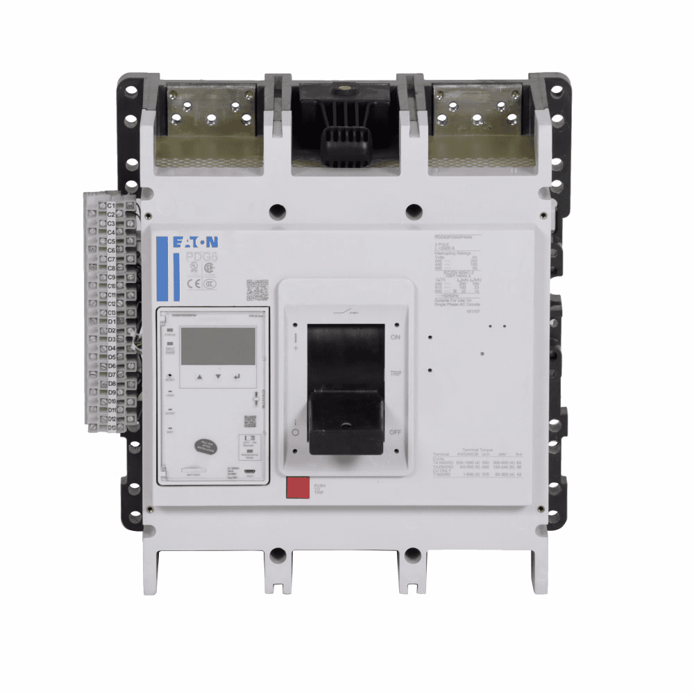 Eaton PDG62P2500P4YM PDG62P2500P4YM Eaton - Eaton Power Defense molded case circuit breaker, Globally Rated, Frame 6, Two Pole, 2500A, 100kA/480V, PXR25 ARMS LSI w/ Modbus RTU, CAM Link, ZSI and Relays, No Terminals (Metric Tapped Conductors) Eaton PDG62P2500P4YM PDG62P2500P4YM Eaton - Eaton Power Defense molded case circuit breaker, Globally Rated, Frame 6, Two Pole, 2500A, 100kA/480V, PXR25 ARMS LSI w/ Modbus RTU, CAM Link, ZSI and Relays, No Terminals (Metric Tapped Conductors)