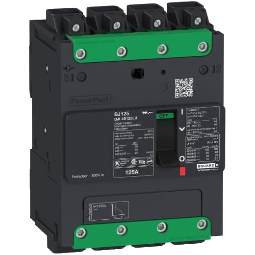 Schneider Electric BJL46060LU Square D by Schneider Electric BJL46060LU is a Moulded Case Circuit Breaker (MCCB) within the PowerPacT BJL sub-range, featuring a PowerPact B-Frame 100 TMD 4P 60A 600Y/347Vac 25kA design. It includes Everlink (Creep compensating) lugs on both line and load sides and a Control Wire terminal (CWT) on the line side only. This MCCB has a rated impulse voltage (Uimp) of 8 kV, an IP40 degree of protection, and a rated current of 60A. It operates at a rated voltage of 600Vac 600Y/347Vac, with a mechanical durability of 20,000 operations when mounted on a DIN rail or as an individual unit on a plate. The device has 4 poles (4P), dimensions of 137 mm in height, 80 mm in depth, and 108 mm in width, and falls under utilisation category A. Its protection settings include over-current fixed at 60A, short-circuit hold current fixed at 640A, and short-circuit trip current fixed at 960A. The rated voltage for DC applications is 250Vdc, with a rated insulation voltage (Ui) of 800 V and a rated operating voltage (Ue) of 690 V. It offers thermal protection for overload and magnetic protection for short-circuits, with a trip current rating of 60 AT and an electrical durability of 10,000 operations at 440Vac; In. The frame current rating is 100 AF, with a toggle (manual) operating mode and a short circuit breaking rating that varies by voltage level, including 100kA at 240Vac, 65kA at 480Vac, and 25kA at 600Y/347Vac under UL489 standards. The trip unit type is thermal-magnetic (fixed) without a display. Schneider Electric BJL46060LU Square D by Schneider Electric BJL46060LU is a Moulded Case Circuit Breaker (MCCB) within the PowerPacT BJL sub-range, featuring a PowerPact B-Frame 100 TMD 4P 60A 600Y/347Vac 25kA design. It includes Everlink (Creep compensating) lugs on both line and load sides and a Control Wire terminal (CWT) on the line side only. This MCCB has a rated impulse voltage (Uimp) of 8 kV, an IP40 degree of protection, and a rated current of 60A. It operates at a rated voltage of 600Vac 600Y/347Vac, with a mechanical durability of 20,000 operations when mounted on a DIN rail or as an individual unit on a plate. The device has 4 poles (4P), dimensions of 137 mm in height, 80 mm in depth, and 108 mm in width, and falls under utilisation category A. Its protection settings include over-current fixed at 60A, short-circuit hold current fixed at 640A, and short-circuit trip current fixed at 960A. The rated voltage for DC applications is 250Vdc, with a rated insulation voltage (Ui) of 800 V and a rated operating voltage (Ue) of 690 V. It offers thermal protection for overload and magnetic protection for short-circuits, with a trip current rating of 60 AT and an electrical durability of 10,000 operations at 440Vac; In. The frame current rating is 100 AF, with a toggle (manual) operating mode and a short circuit breaking rating that varies by voltage level, including 100kA at 240Vac, 65kA at 480Vac, and 25kA at 600Y/347Vac under UL489 standards. The trip unit type is thermal-magnetic (fixed) without a display.