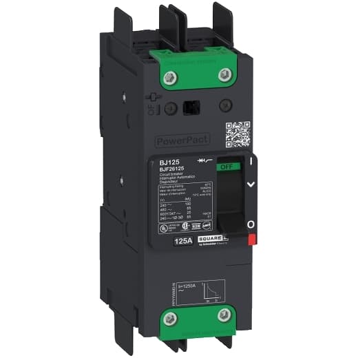 Schneider Electric BDF26100 Square D by Schneider Electric BDF26100 is a Moulded Case Circuit Breaker (MCCB) within the PowerPacT BDF sub-range, featuring a PowerPact B-Frame 100 TMD 2P-2t design. It has a rated current of 100A and operates at a rated voltage of 600Vac 600Y/347Vac, with a rated impulse voltage (Uimp) of 8 kV. The connection type is a terminal nut kit for fixed busbar connection on both line and load sides, offering a degree of protection of IP40. This MCCB is designed for fixed mounting on DIN rail or as an individual unit mount on a plate, with 2 poles (2P). It has a net height of 137 mm, a net depth of 80 mm, and a net width of 54 mm. The utilisation category is A. It features over-current protection fixed at 100A, short-circuit hold current protection fixed at 1000A, and short-circuit trip current protection fixed at 1500A. The rated insulation voltage (Ui) is 800 V, with a rated operating voltage (Ue) of 525 V. It includes thermal protection for overload and magnetic protection for short-circuits, with a trip current rating of 100 AT. The electrical durability with load is rated for 10,000 operations at 440Vac; In, and the frame current rating is 100 AF. The operating mode is manual toggle, and it has a short circuit breaking rating of 25kA at 240Vac, 18kA at 480Vac and 480Y/277Vac, and 14kA at 600Y/347Vac under UL489 standards. The trip unit type is thermal-magnetic (fixed) with no display. Schneider Electric BDF26100 Square D by Schneider Electric BDF26100 is a Moulded Case Circuit Breaker (MCCB) within the PowerPacT BDF sub-range, featuring a PowerPact B-Frame 100 TMD 2P-2t design. It has a rated current of 100A and operates at a rated voltage of 600Vac 600Y/347Vac, with a rated impulse voltage (Uimp) of 8 kV. The connection type is a terminal nut kit for fixed busbar connection on both line and load sides, offering a degree of protection of IP40. This MCCB is designed for fixed mounting on DIN rail or as an individual unit mount on a plate, with 2 poles (2P). It has a net height of 137 mm, a net depth of 80 mm, and a net width of 54 mm. The utilisation category is A. It features over-current protection fixed at 100A, short-circuit hold current protection fixed at 1000A, and short-circuit trip current protection fixed at 1500A. The rated insulation voltage (Ui) is 800 V, with a rated operating voltage (Ue) of 525 V. It includes thermal protection for overload and magnetic protection for short-circuits, with a trip current rating of 100 AT. The electrical durability with load is rated for 10,000 operations at 440Vac; In, and the frame current rating is 100 AF. The operating mode is manual toggle, and it has a short circuit breaking rating of 25kA at 240Vac, 18kA at 480Vac and 480Y/277Vac, and 14kA at 600Y/347Vac under UL489 standards. The trip unit type is thermal-magnetic (fixed) with no display.