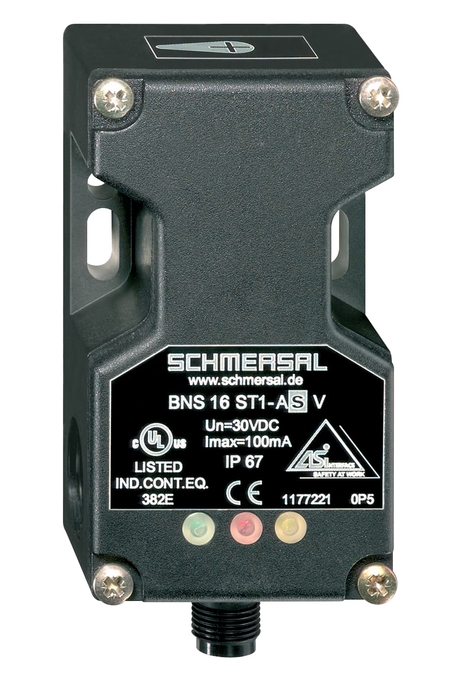 Schmersal BNS 16 ST1-AS V AS interface safety at work; Safety switchgear; connector plug M12, bottom, 4-pole; Safety sensor; Thermoplastic enclosure; no mechanical wear; 40 mm x 90 mm x 39 mm; Integrated AS-Interface; Concealed mounting possible; Long life; Insensitive to transver Schmersal BNS 16 ST1-AS V AS interface safety at work; Safety switchgear; connector plug M12, bottom, 4-pole; Safety sensor; Thermoplastic enclosure; no mechanical wear; 40 mm x 90 mm x 39 mm; Integrated AS-Interface; Concealed mounting possible; Long life; Insensitive to transver