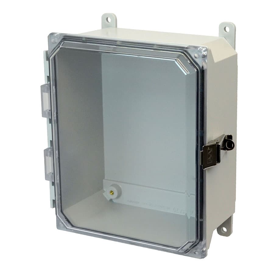 Allied Moulded Products AMU864CCL 8"x6"x4" ULTRALINE® fiberglass wall mount enclosure assembly with hinged clear cover and stainless-steel snap latch Allied Moulded Products AMU864CCL 8"x6"x4" ULTRALINE® fiberglass wall mount enclosure assembly with hinged clear cover and stainless-steel snap latch