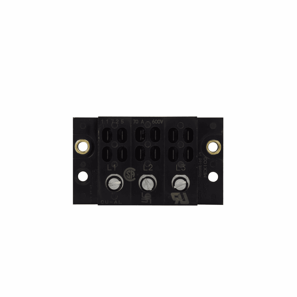 Cooper Bussmann 11725-3 11725-3 Cooper Bussmann - Eaton Bussmann series power terminal block, 600V, 70A, 10 kAIC, Power terminal block, Three-pole, Screw (Line), 0.25 In Quick Connect (Load) Cooper Bussmann 11725-3 11725-3 Cooper Bussmann - Eaton Bussmann series power terminal block, 600V, 70A, 10 kAIC, Power terminal block, Three-pole, Screw (Line), 0.25 In Quick Connect (Load)