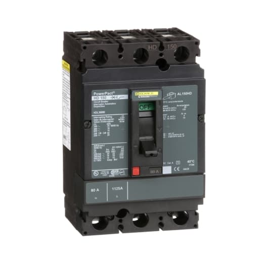 Schneider Electric HDL36080 Square D by Schneider Electric HDL36080 is a Moulded Case Circuit Breaker (MCCB) within the PowerPacT HDL sub-range, designed with a PowerPact H-Frame 150 TMD, featuring 3 poles (3P) and rated for 80A with thermal and magnetic protection functions for overload and short-circuit scenarios. It supports a connection type of lugs on both load and line sides, with a rated insulation voltage (Ui) of 750 V, AC rated voltage of 600Vac 600Y/347Vac, and DC rated voltage of 250Vdc. The unit is designed for individual unit mount on plate, with dimensions of 163 mm in height, 104 mm in width, and 86 mm in depth, offering a degree of protection of IP40. Its operating mode is manual toggle, with over-current protection settings fixed at 80A, short-circuit hold current fixed at 800A, and short-circuit trip current fixed at 1450A. The rated operating voltage (Ue) is 690 V, with a rated impulse voltage (Uimp) of 8 kV. The trip current rating is 80 AT, with a frame current rating of 150 AF, and a short circuit breaking rating varying from 14kA to 25kA depending on the voltage and in accordance with UL489 standards. The trip unit type is thermal-magnetic (fixed) without a display, and it falls under utilisation category A. Schneider Electric HDL36080 Square D by Schneider Electric HDL36080 is a Moulded Case Circuit Breaker (MCCB) within the PowerPacT HDL sub-range, designed with a PowerPact H-Frame 150 TMD, featuring 3 poles (3P) and rated for 80A with thermal and magnetic protection functions for overload and short-circuit scenarios. It supports a connection type of lugs on both load and line sides, with a rated insulation voltage (Ui) of 750 V, AC rated voltage of 600Vac 600Y/347Vac, and DC rated voltage of 250Vdc. The unit is designed for individual unit mount on plate, with dimensions of 163 mm in height, 104 mm in width, and 86 mm in depth, offering a degree of protection of IP40. Its operating mode is manual toggle, with over-current protection settings fixed at 80A, short-circuit hold current fixed at 800A, and short-circuit trip current fixed at 1450A. The rated operating voltage (Ue) is 690 V, with a rated impulse voltage (Uimp) of 8 kV. The trip current rating is 80 AT, with a frame current rating of 150 AF, and a short circuit breaking rating varying from 14kA to 25kA depending on the voltage and in accordance with UL489 standards. The trip unit type is thermal-magnetic (fixed) without a display, and it falls under utilisation category A.