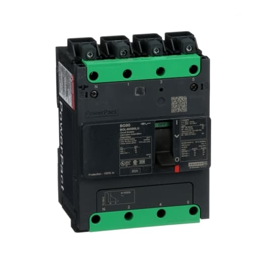 Schneider Electric BGL46080LU Square D by Schneider Electric BGL46080LU is a Moulded Case Circuit Breaker (MCCB) within the PowerPacT BGL sub-range, featuring a PowerPact B-Frame 100 TMD 4P 80A design for 600Y/347Vac with an 18kA interrupting capacity and lugs with control wire on the end rated at 80%. It has an Everlink (Creep compensating) connection type with lugs on both line and load sides and a Control Wire terminal (CWT) on the line side only. This MCCB offers a degree of protection of IP40 and has a rated current of 80A with a rated voltage of 600Vac 600Y/347Vac. It is designed for fixed mounting on a DIN rail or as an individual unit mount on a plate, featuring 4 poles (4P) and dimensions of 137 mm in height, 80 mm in depth, and 108 mm in width. The utilisation category is A, and it has mechanical durability of 20,000 operations at no load. The protection settings include over-current fixed at 80A, short-circuit hold current fixed at 800A, and short-circuit trip current fixed at 1200A. It also features a rated voltage of 250Vdc, a rated insulation voltage (Ui) of 800 V, and a rated operating voltage (Ue) of 525 V. The protection functions include thermal protection for overload and magnetic protection for short-circuits, with a trip current rating of 80 AT and an electrical durability of 10,000 operations with load at 440Vac. The frame current rating is 100 AF, and it operates with a toggle (manual) mode. The short circuit breaking rating varies with voltage, offering 65kA at 240Vac, 35kA at 480Vac, 35kA at 480Y/277Vac, 18kA at 600Y/347Vac, and 20kA at 250Vdc, all under UL489. The trip unit type is thermal-magnetic (fixed) without a display. Schneider Electric BGL46080LU Square D by Schneider Electric BGL46080LU is a Moulded Case Circuit Breaker (MCCB) within the PowerPacT BGL sub-range, featuring a PowerPact B-Frame 100 TMD 4P 80A design for 600Y/347Vac with an 18kA interrupting capacity and lugs with control wire on the end rated at 80%. It has an Everlink (Creep compensating) connection type with lugs on both line and load sides and a Control Wire terminal (CWT) on the line side only. This MCCB offers a degree of protection of IP40 and has a rated current of 80A with a rated voltage of 600Vac 600Y/347Vac. It is designed for fixed mounting on a DIN rail or as an individual unit mount on a plate, featuring 4 poles (4P) and dimensions of 137 mm in height, 80 mm in depth, and 108 mm in width. The utilisation category is A, and it has mechanical durability of 20,000 operations at no load. The protection settings include over-current fixed at 80A, short-circuit hold current fixed at 800A, and short-circuit trip current fixed at 1200A. It also features a rated voltage of 250Vdc, a rated insulation voltage (Ui) of 800 V, and a rated operating voltage (Ue) of 525 V. The protection functions include thermal protection for overload and magnetic protection for short-circuits, with a trip current rating of 80 AT and an electrical durability of 10,000 operations with load at 440Vac. The frame current rating is 100 AF, and it operates with a toggle (manual) mode. The short circuit breaking rating varies with voltage, offering 65kA at 240Vac, 35kA at 480Vac, 35kA at 480Y/277Vac, 18kA at 600Y/347Vac, and 20kA at 250Vdc, all under UL489. The trip unit type is thermal-magnetic (fixed) without a display.