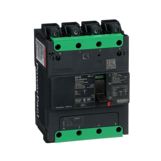Schneider Electric BDL46025LU Square D by Schneider Electric BDL46025LU is a Moulded Case Circuit Breaker (MCCB) within the PowerPacT BDL sub-range, featuring a PowerPact B-Frame 100 TMD 4P 25A 600Y/347Vac 14kA design. It includes Everlink (Creep compensating) lugs on both line and load sides and a Control Wire terminal (CWT) on the line side only. This MCCB offers a degree of protection of IP40 and has a rated current of 25A with a rated voltage of 600Vac 600Y/347Vac. It is designed for fixed mounting on a DIN rail or as an individual unit mount on a plate, with a 4-pole (4P) configuration. The net dimensions are 137 mm in height, 80 mm in depth, and 108 mm in width. It falls under utilisation category A and features protection settings including over-current fixed at 25A, short-circuit hold current fixed at 400A, and short-circuit trip current fixed at 600A. The rated insulation voltage (Ui) is 800 V, with a rated operating voltage (Ue) of 525 V, and it provides thermal and magnetic protection functions. The trip current rating is 25 AT, with a frame current rating of 100 AF. It operates manually via a toggle and has a short circuit breaking rating of 25kA at 240Vac, 18kA at 480Vac, 18kA at 480Y/277Vac, 14kA at 600Y/347Vac, and 10kA at 250Vdc, all according to UL489 standards. The trip unit type is thermal-magnetic (fixed) with no display. Schneider Electric BDL46025LU Square D by Schneider Electric BDL46025LU is a Moulded Case Circuit Breaker (MCCB) within the PowerPacT BDL sub-range, featuring a PowerPact B-Frame 100 TMD 4P 25A 600Y/347Vac 14kA design. It includes Everlink (Creep compensating) lugs on both line and load sides and a Control Wire terminal (CWT) on the line side only. This MCCB offers a degree of protection of IP40 and has a rated current of 25A with a rated voltage of 600Vac 600Y/347Vac. It is designed for fixed mounting on a DIN rail or as an individual unit mount on a plate, with a 4-pole (4P) configuration. The net dimensions are 137 mm in height, 80 mm in depth, and 108 mm in width. It falls under utilisation category A and features protection settings including over-current fixed at 25A, short-circuit hold current fixed at 400A, and short-circuit trip current fixed at 600A. The rated insulation voltage (Ui) is 800 V, with a rated operating voltage (Ue) of 525 V, and it provides thermal and magnetic protection functions. The trip current rating is 25 AT, with a frame current rating of 100 AF. It operates manually via a toggle and has a short circuit breaking rating of 25kA at 240Vac, 18kA at 480Vac, 18kA at 480Y/277Vac, 14kA at 600Y/347Vac, and 10kA at 250Vdc, all according to UL489 standards. The trip unit type is thermal-magnetic (fixed) with no display.