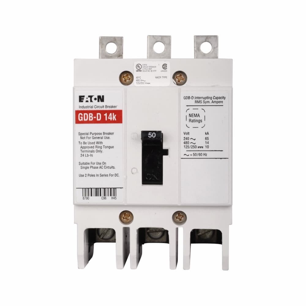Eaton GDB3020D GDB3020D Eaton - Eaton Series C complete molded case circuit breaker, G-frame, GDB, Complete breaker, Fixed thermal, fixed magnetic trip, Three-pole, 20A, 480 Vac, 125/250 Vdc, 14 kAIC at 480 Vac, Line and load, 50/60 Hz, Ring type, Ring type Eaton GDB3020D GDB3020D Eaton - Eaton Series C complete molded case circuit breaker, G-frame, GDB, Complete breaker, Fixed thermal, fixed magnetic trip, Three-pole, 20A, 480 Vac, 125/250 Vdc, 14 kAIC at 480 Vac, Line and load, 50/60 Hz, Ring type, Ring type