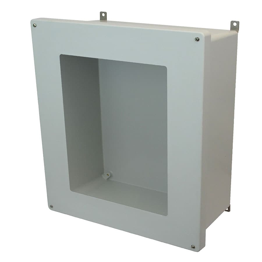 Allied Moulded Products AM1868W 18"x16"x8" AM Series fiberglass wall mount enclosure assembly with 4-screw lift-off window cover Allied Moulded Products AM1868W 18"x16"x8" AM Series fiberglass wall mount enclosure assembly with 4-screw lift-off window cover